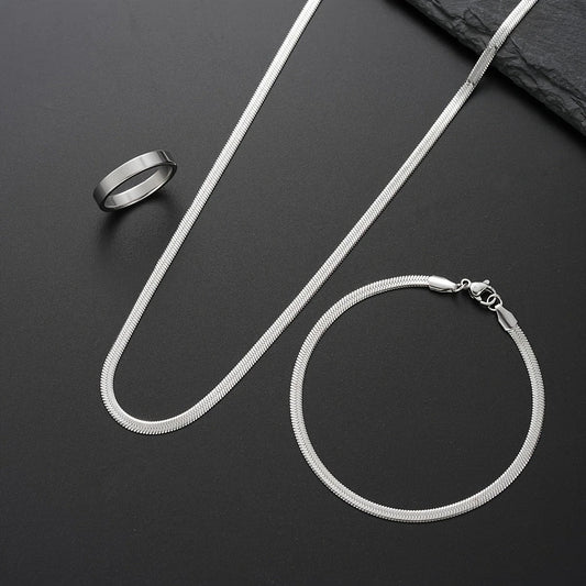 3pcs Set of Minimalist Stainless Steel Snake Chain Bracelet, Necklace, and Ring for Men's