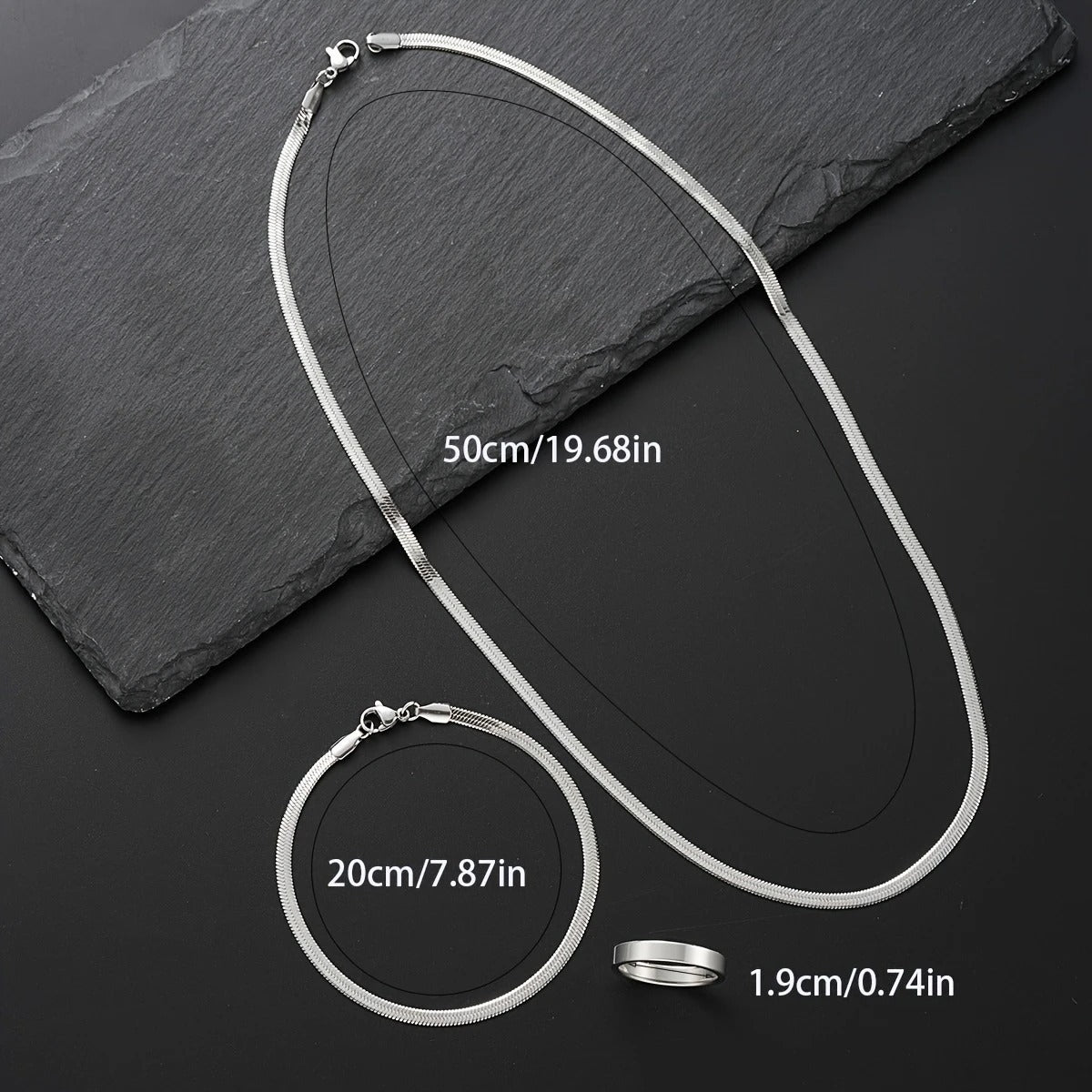 3pcs Set of Minimalist Stainless Steel Snake Chain Bracelet, Necklace, and Ring for Men's